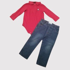 Red Polo Long Sleeve Bodysuit and Denim Jeans Boys 18 months